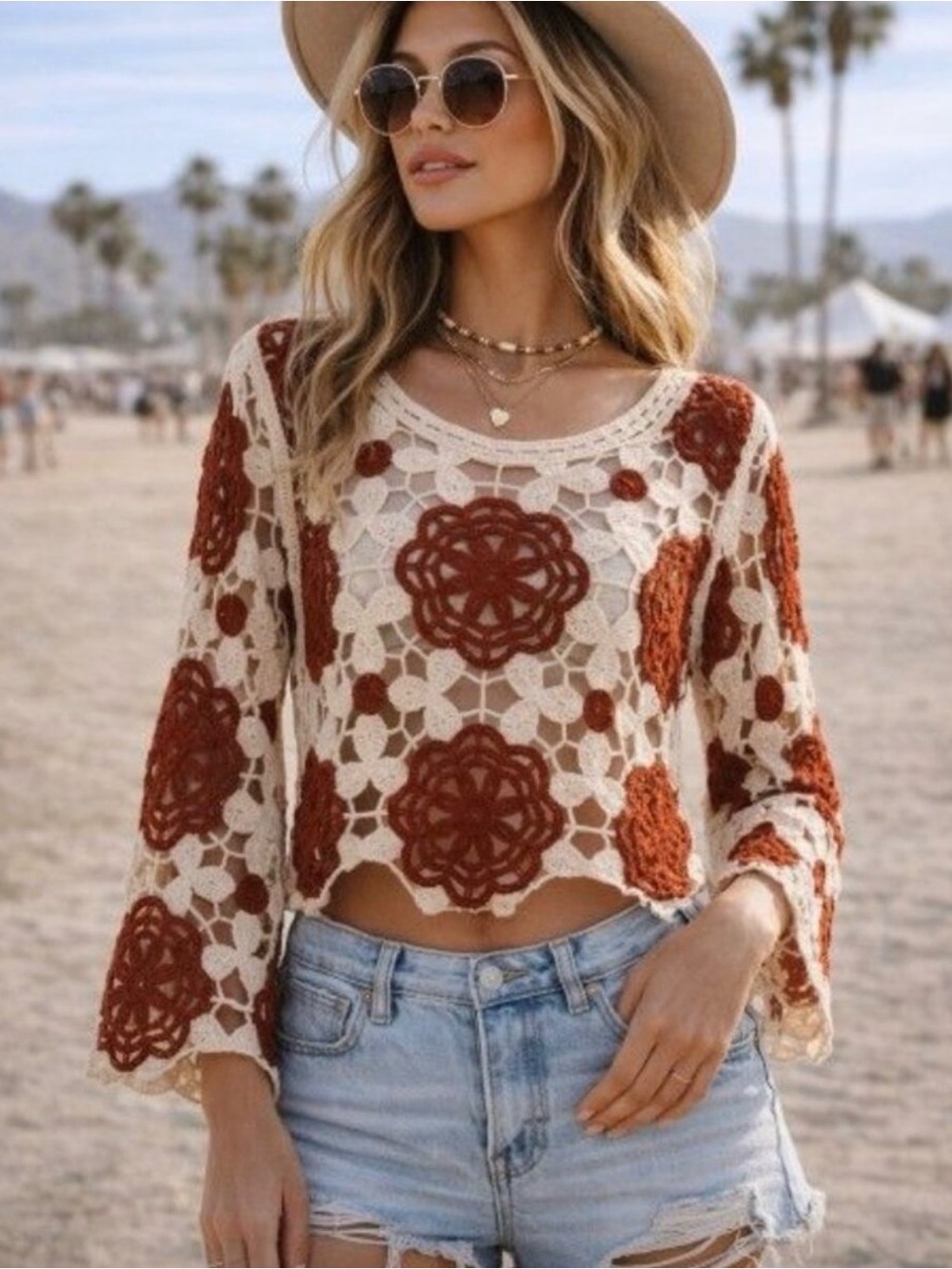 American Flirt Crochet Crop Top in Cream & Rust